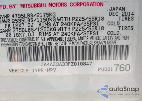 2015 Mitsubishi Outlander Se из США, поврежденный, VIN JA4AZ3A33FZ010847